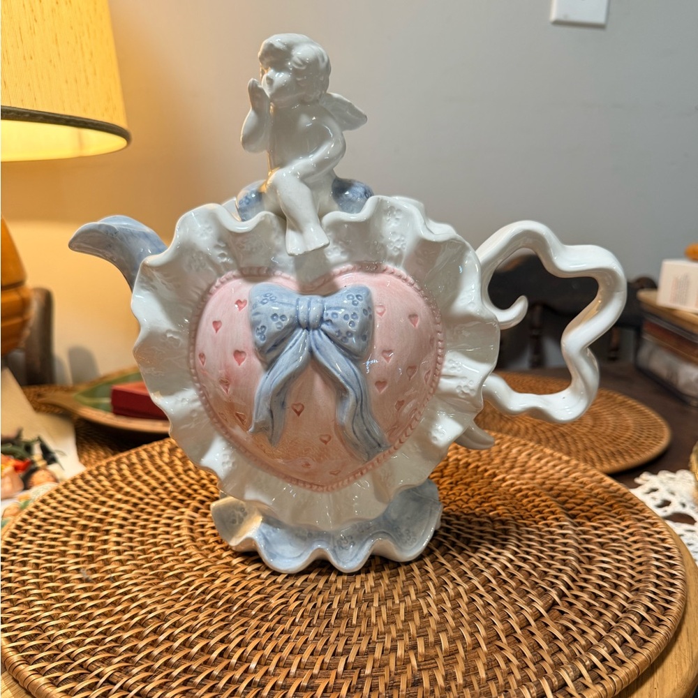Fitz & Floyd Vintage 1993 Heart Cherub Teapot with Pink and Blue Accents